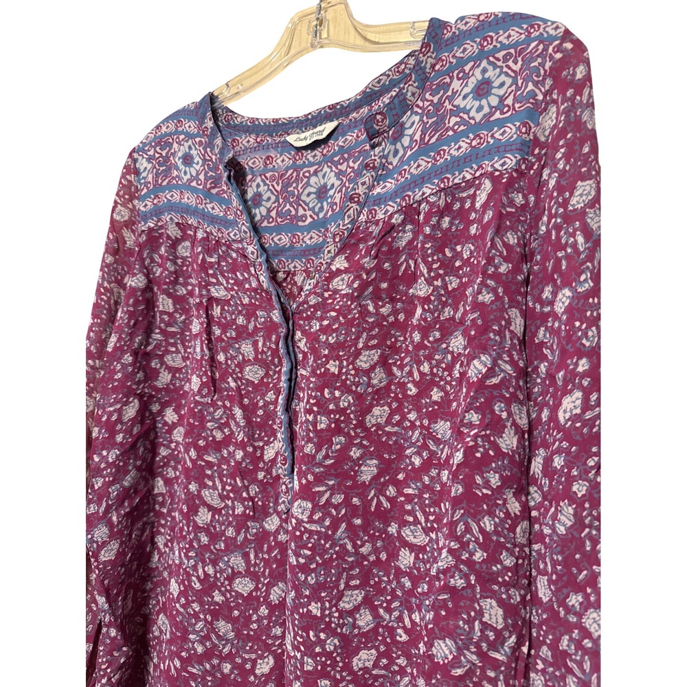 Lucky Brand Magenta Floral Split Neck Long Sleeve Peasant Blouse XL